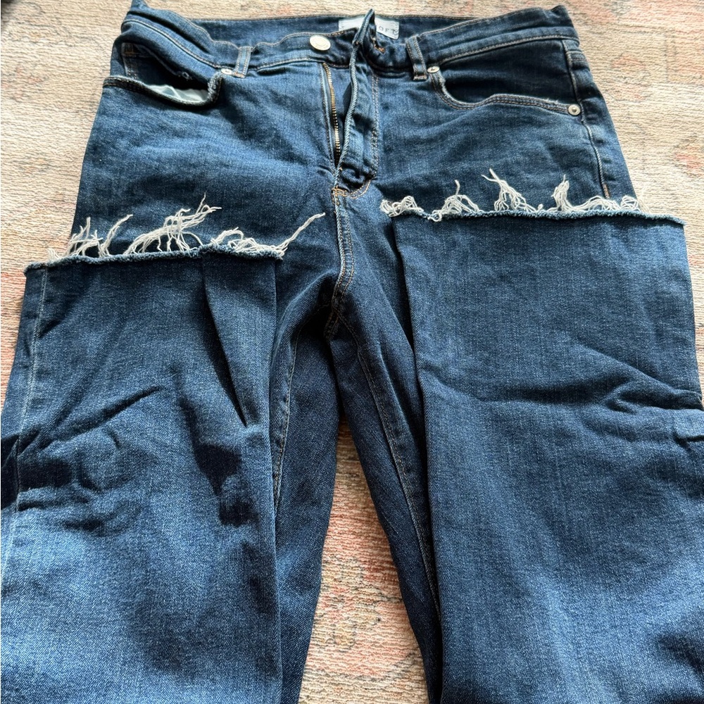 LOFT Dark Blue Straight Leg Jeans with Raw Hem Knee Cutouts